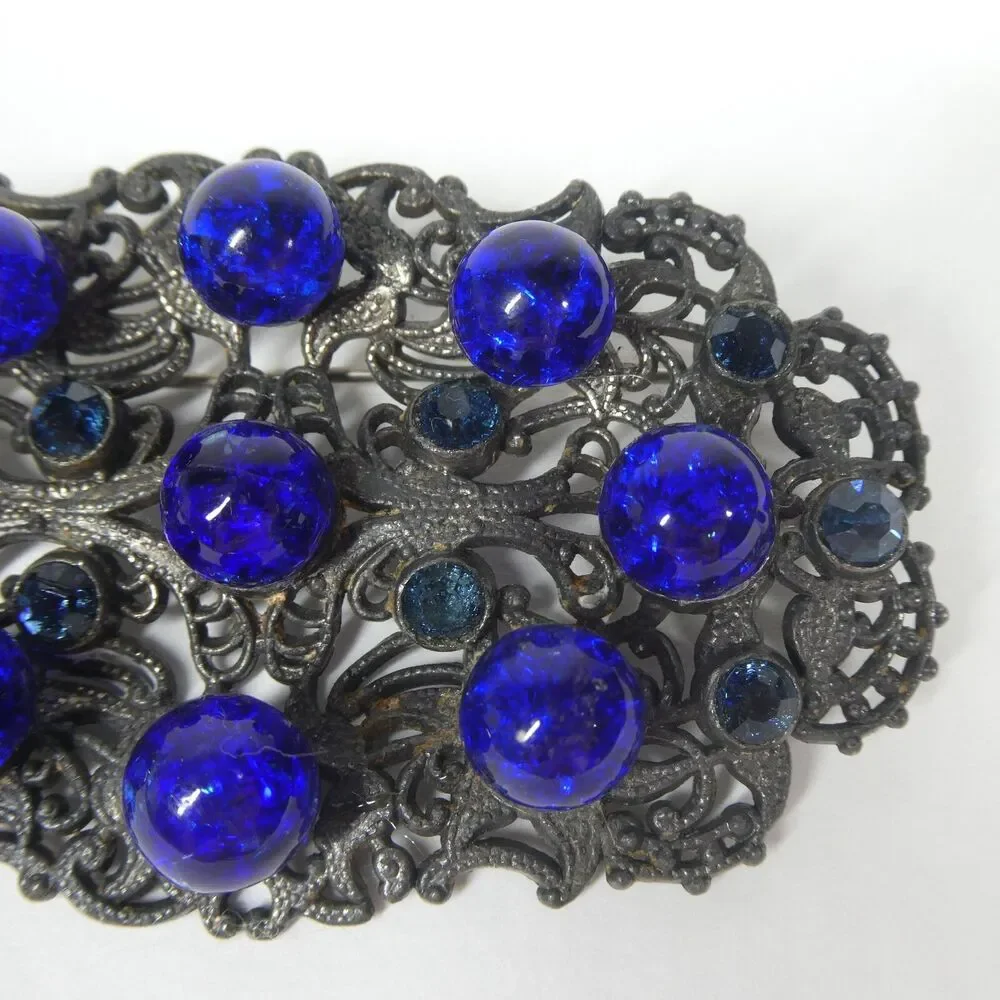 Silver Filigree Blue Rhinestone & Glass Crystal Brooch Antique Pin Czech?